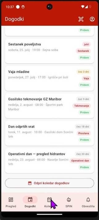 Seznam dogodkov v aplikaciji Plamen