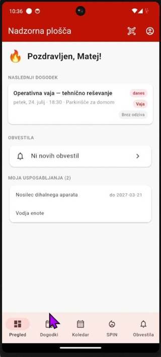 Nadzorna plošča v mobilni aplikaciji Plamen