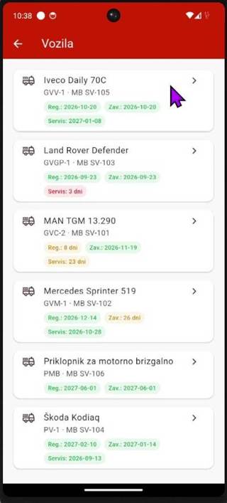 Pregled vozil z roki registracij in servisov